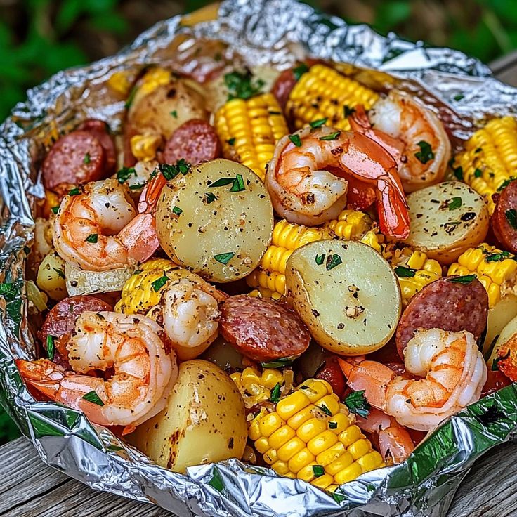 Shrimp, Corn, Potatoes, and Smoked Sausage Foil Pack